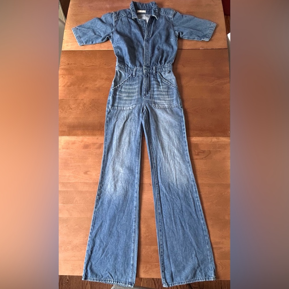 ba&sh Bell Bottom Denim Jumpsuit Blue